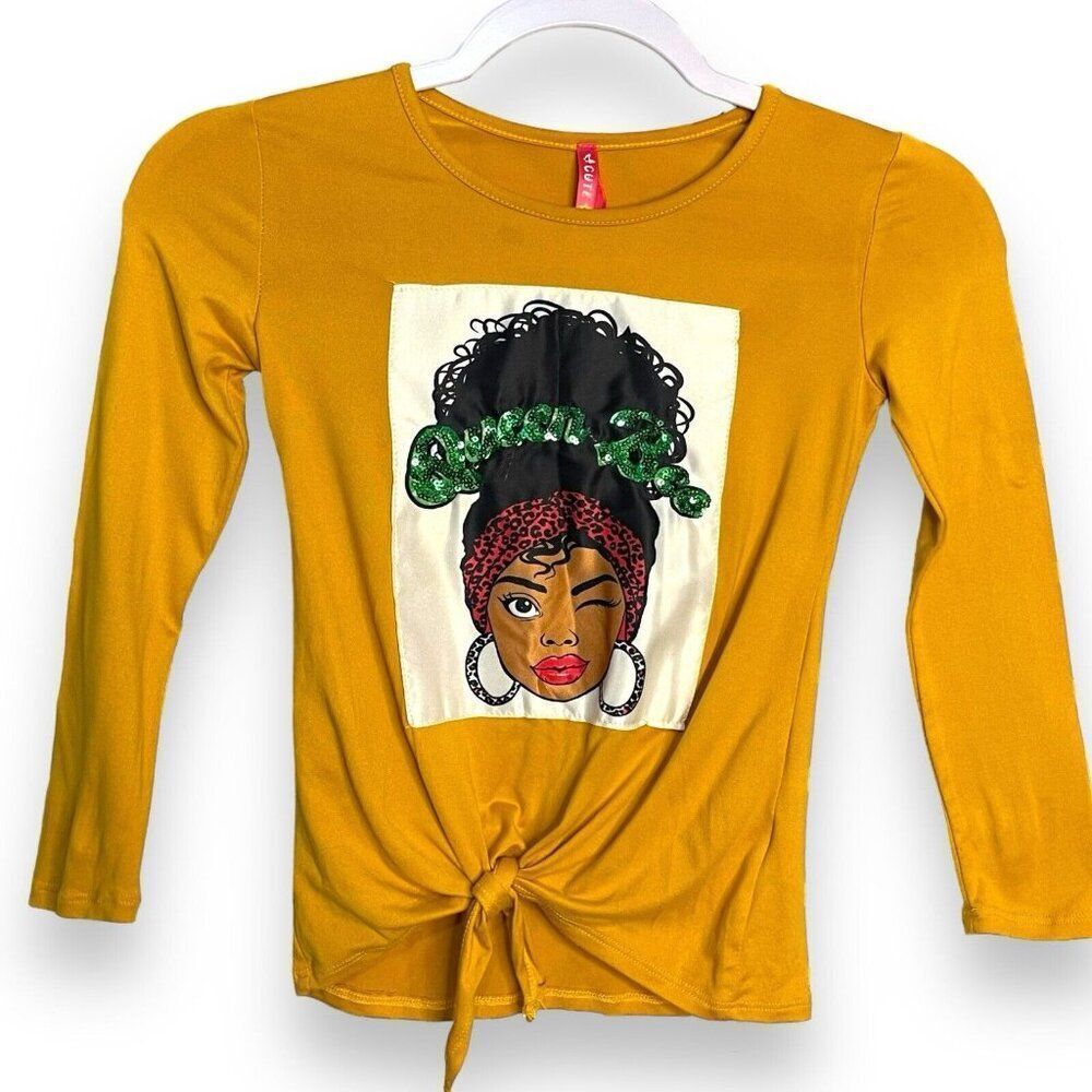 Queen Bee Cute For You Graphic Print Top Girls M Golden Yellow Tie Front Casual